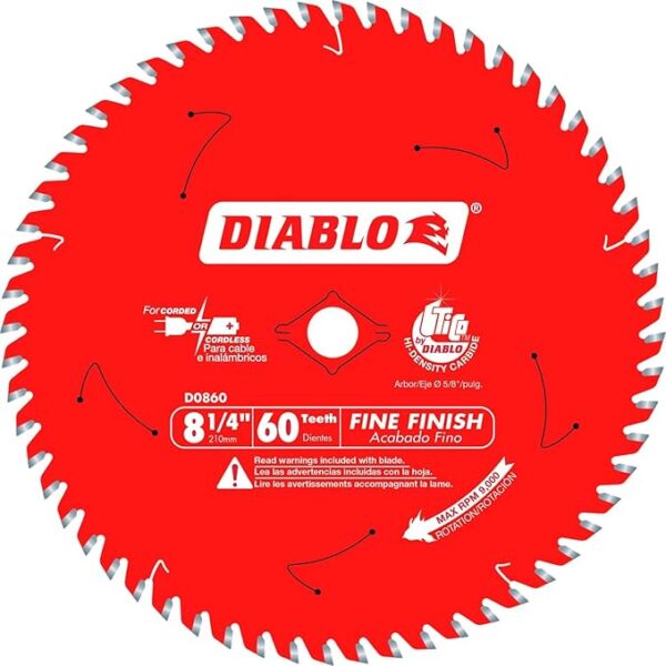 Diablo Fine Finish Saw Blade with TiCo Hi-Density Carbide and Perma-Shield - Ideal for Wood, Plywood and Melamine - 8-1/4" Diameter, 60 ATB Teeth - D0860X