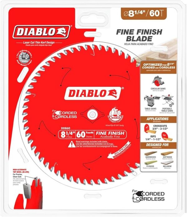 Diablo Fine Finish Saw Blade with TiCo Hi-Density Carbide and Perma-Shield - Ideal for Wood, Plywood and Melamine - 8-1/4" Diameter, 60 ATB Teeth - D0860X - Image 2