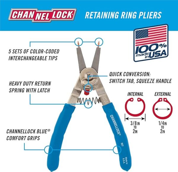 Channellock 927 8-Inch Snap Ring Plier | Precision Circlip Retaining Ring Pliers | Includes 5 Pairs of Interchangeable Tips | Made in the USA - Image 3