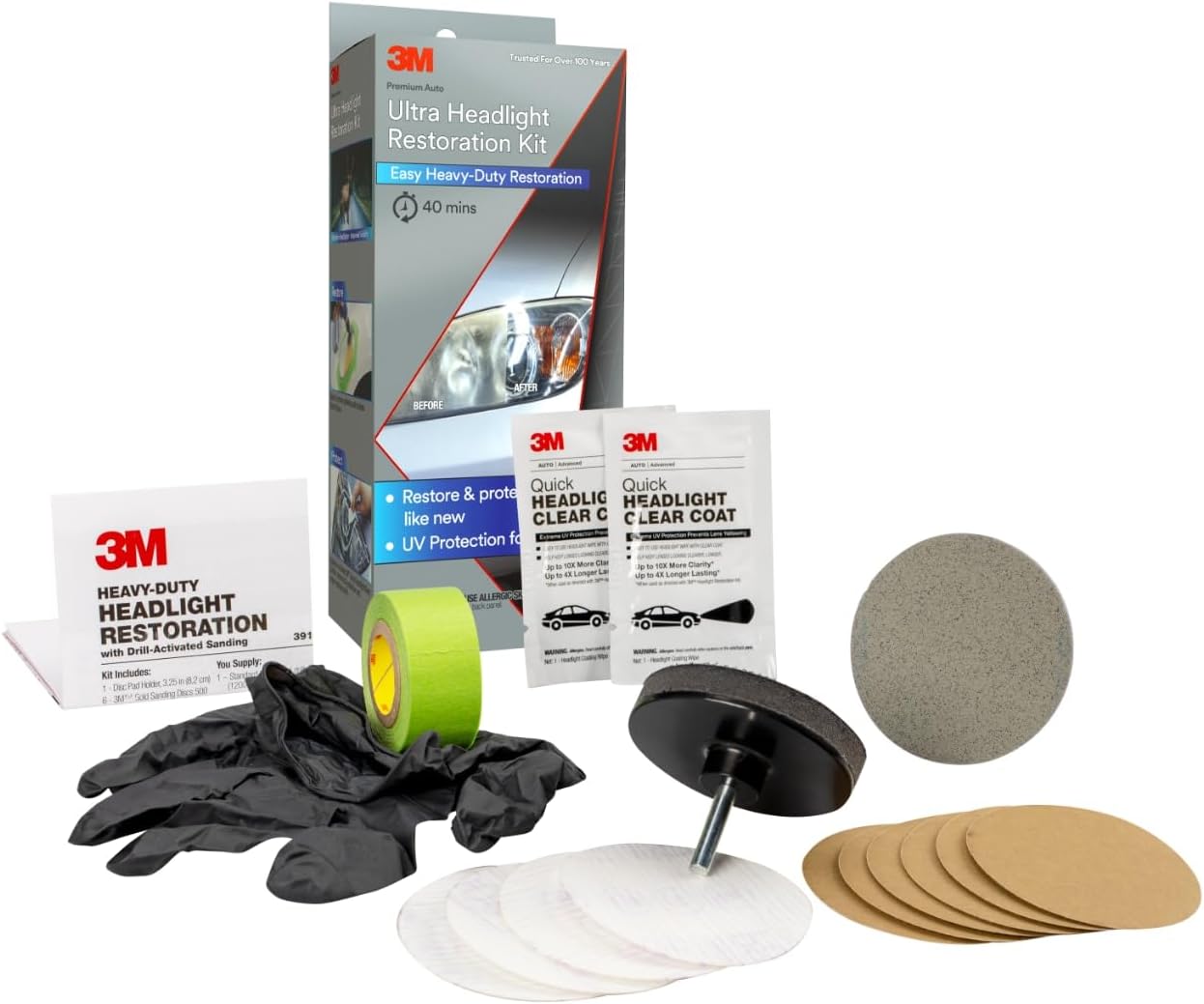 3M Ultra Headlight Restoration Kit, Contains Masking Tape, Light Sanding Discs, Wax Protectant and More, Use on Plastic Lenses Headlights, Taillights and More, Easy Heavy-Duty Restoration (39195)
