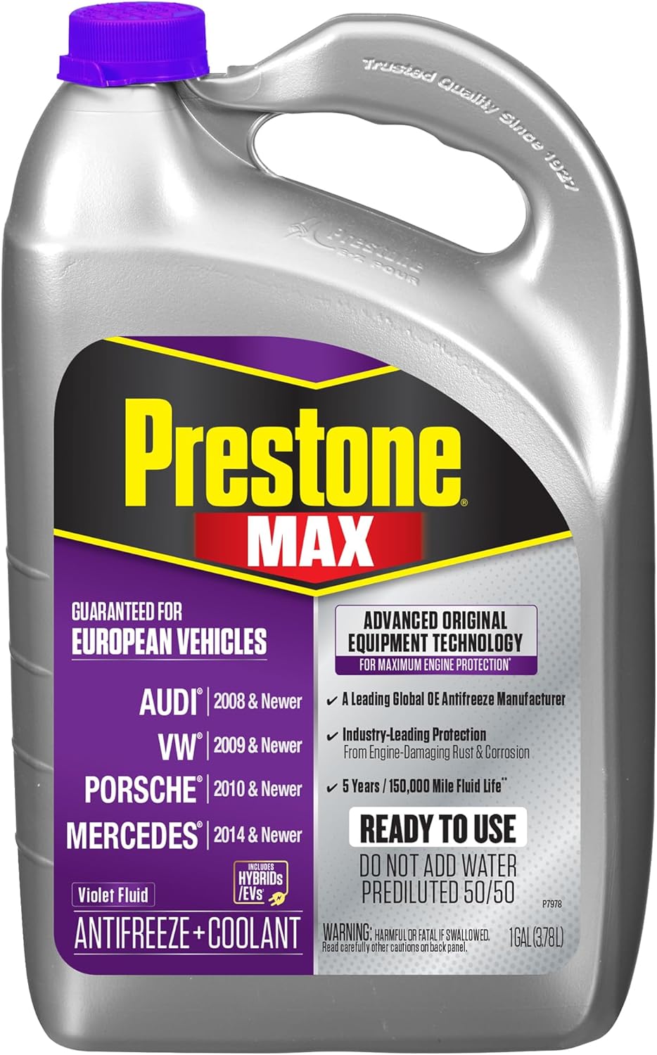 Prestone AF6510 MAX European Vehicles Violet Antifreeze and Coolant, 1 Gallon, Pack of 6