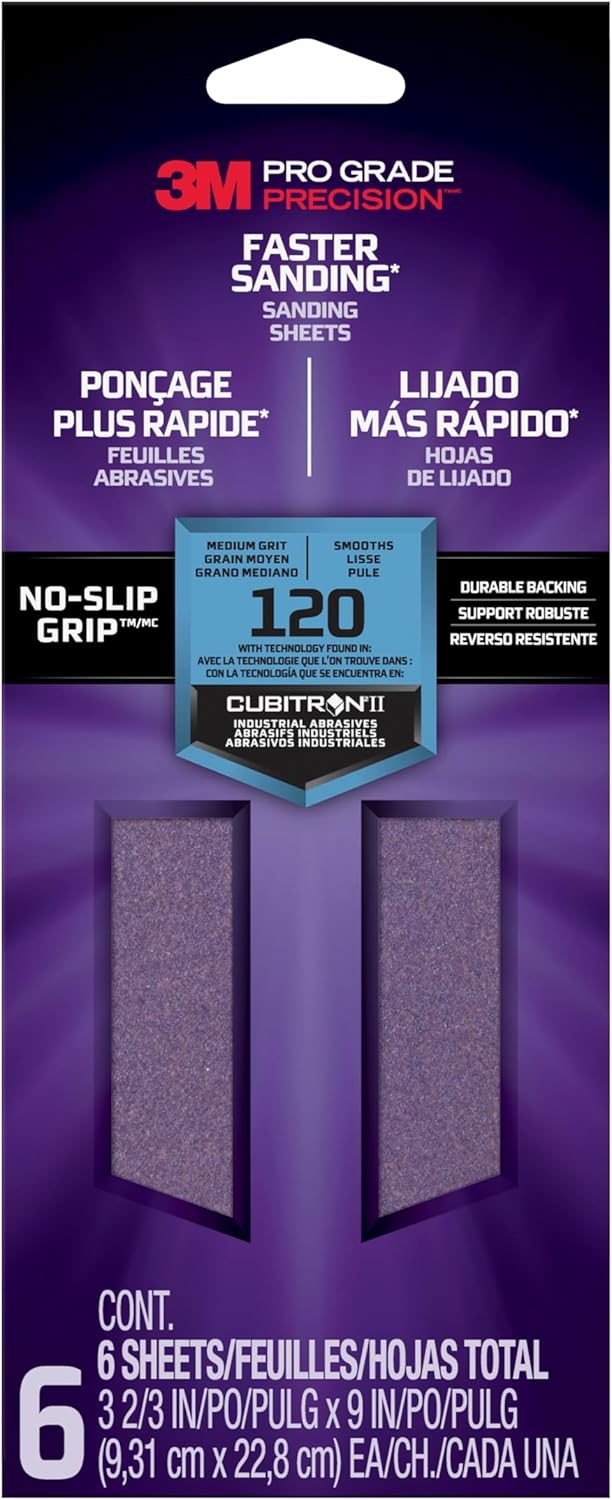 3M Pro Grade Precision Faster Sanding Sanding Sheets 120 grit Medium, 127120TRI-6, 9,31 cm x 22,8 cm, 6/Pack