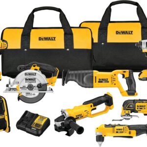 DEWALT 20V MAX Power Tools, 9 Cordless Tool Combo, Impact and Drill Driver, Oscillating Tool, Grinder,Circular and Reciprocating Saw,Right Angle Drill,Speaker,LED Light, 2 Batteries,Charger (DCK940D2)