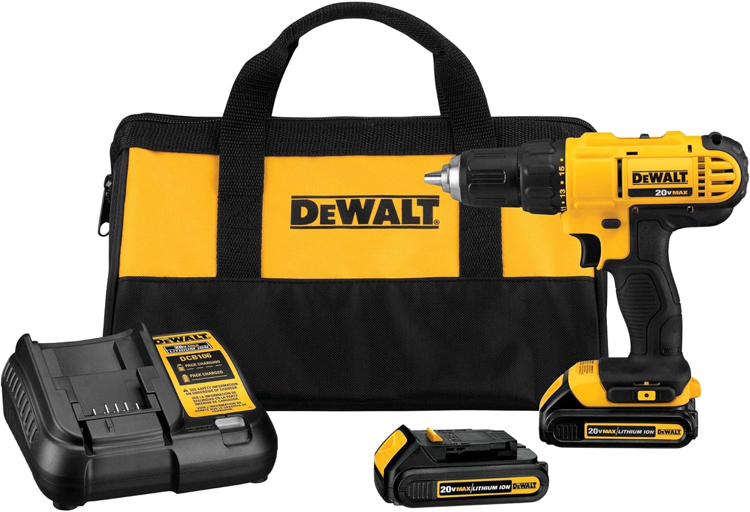 DEWALT 20V Max Cordless Drill Driver Set, 2 Speed, High Performance Motor, Includes 2 XR 1.3Ah Li-Ion Batteries, Charger and Contractor Bag (DCD771C2) - Image 9