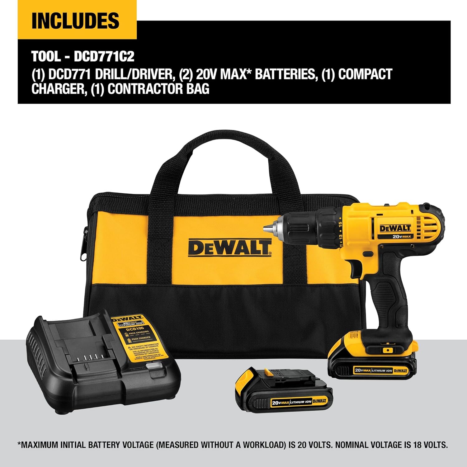 DEWALT 20V Max Cordless Drill Driver Set, 2 Speed, High Performance Motor, Includes 2 XR 1.3Ah Li-Ion Batteries, Charger and Contractor Bag (DCD771C2) - Image 8
