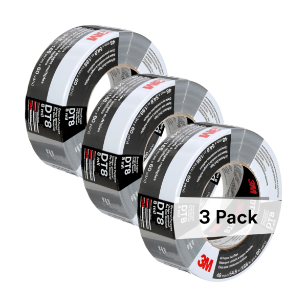 3M Duct Tape DT8, 3 Pack, Industrial Strength, Multi-Use, Silver color tape, 1.88" x 60 yd, Tear by Hand, Professional Grade Adhesive, Perfect for HVAC, Bundling, Moisture Proofing, and Reinforcing