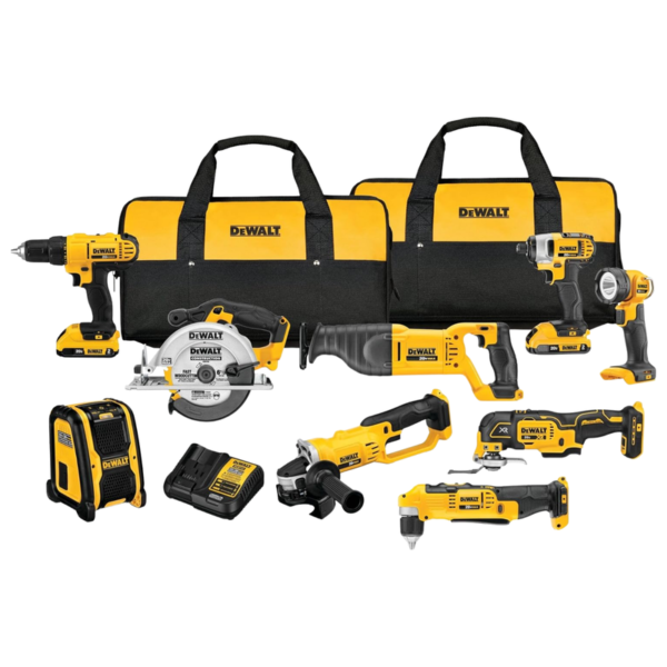 DEWALT 20V MAX Power Tools, 9 Cordless Tool Combo, Impact and Drill Driver, Oscillating Tool, Grinder,Circular and Reciprocating Saw,Right Angle Drill,Speaker,LED Light, 2 Batteries,Charger (DCK940D2)